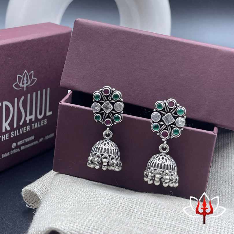 Silver Jhumkas with Red & Green Stones