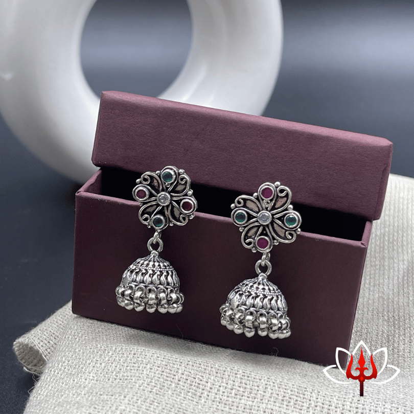 Silver Jhumkas with Red & Green Stones