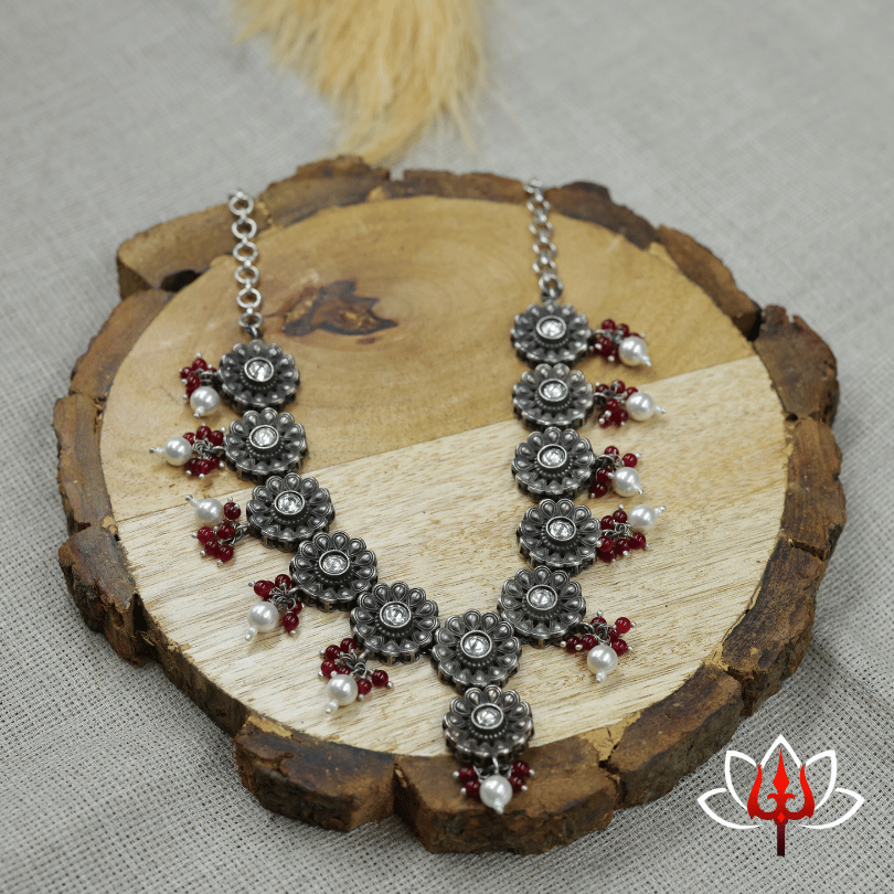Antique Floral Sterling Silver Necklace with Pearl & Garnet Accents – Trishul Silvers