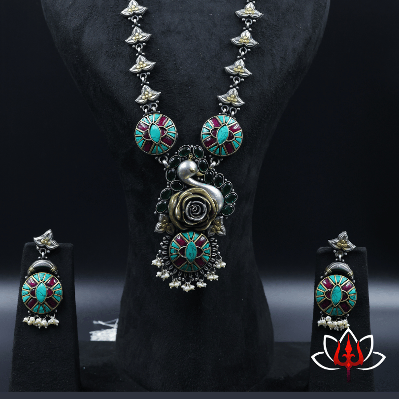 Majestic Antique Silver Necklace and earrings with Floral & Peacock Motifs