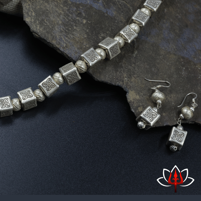Handcrafted Oxidized Silver Cube Bead Necklace & Earrings Set – Trishul Silvers