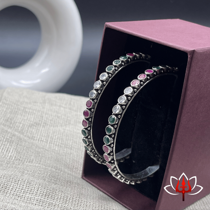 Elegant Silver Bangles with Red & Green Stones