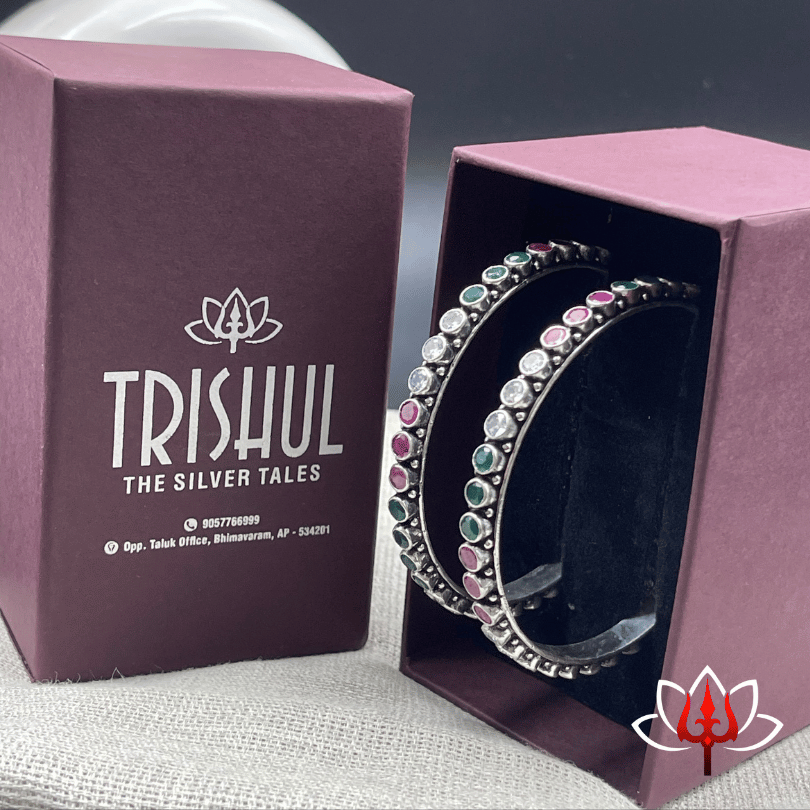 Elegant Silver Bangles with Red & Green Stones