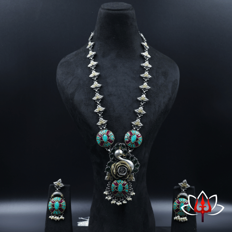 Majestic Antique Silver Necklace and earrings with Floral & Peacock Motifs